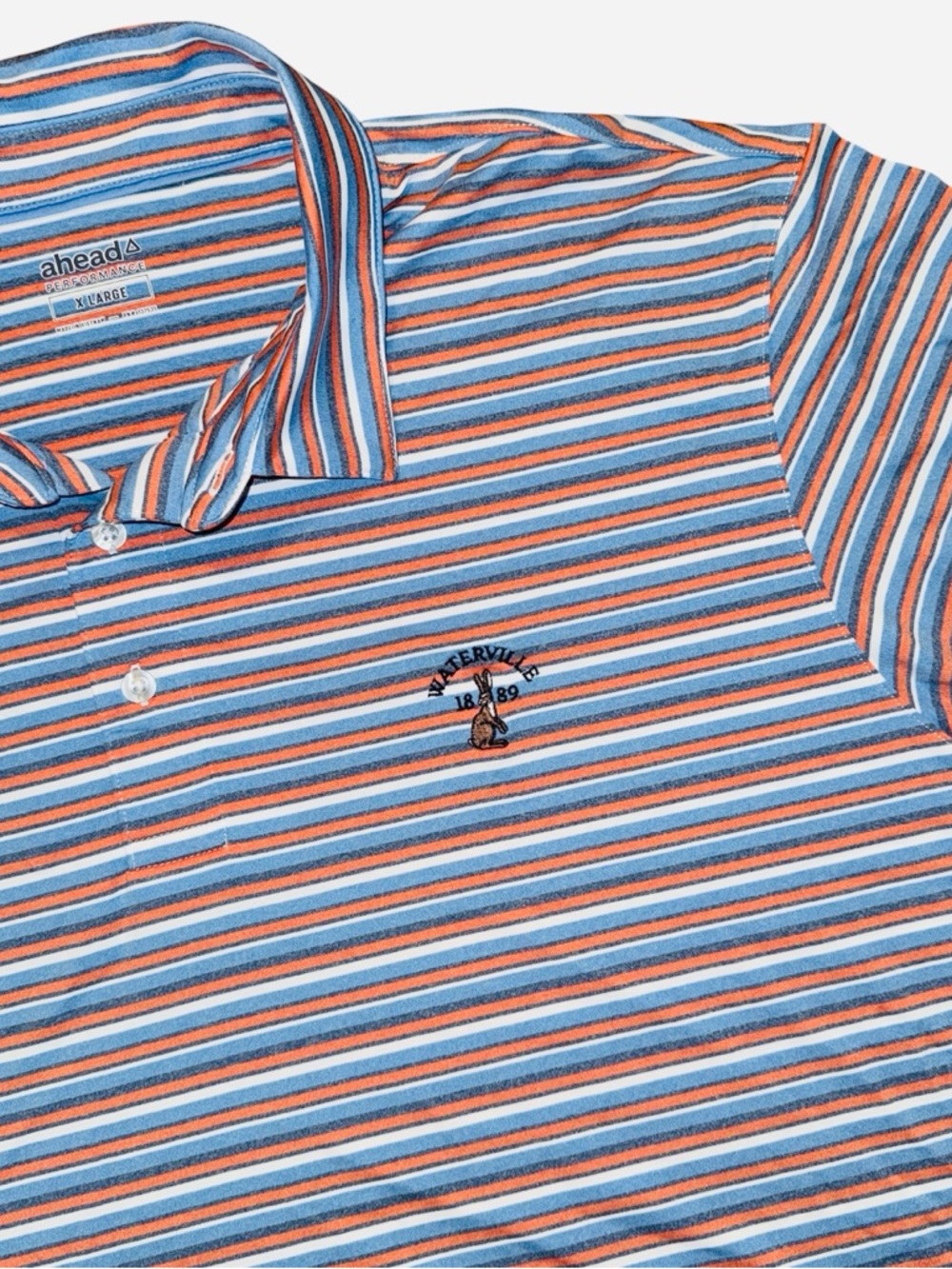 Ahead Waterville Golf Polo Shirt Mens XL Performance Striped Blue Orange Stretch
